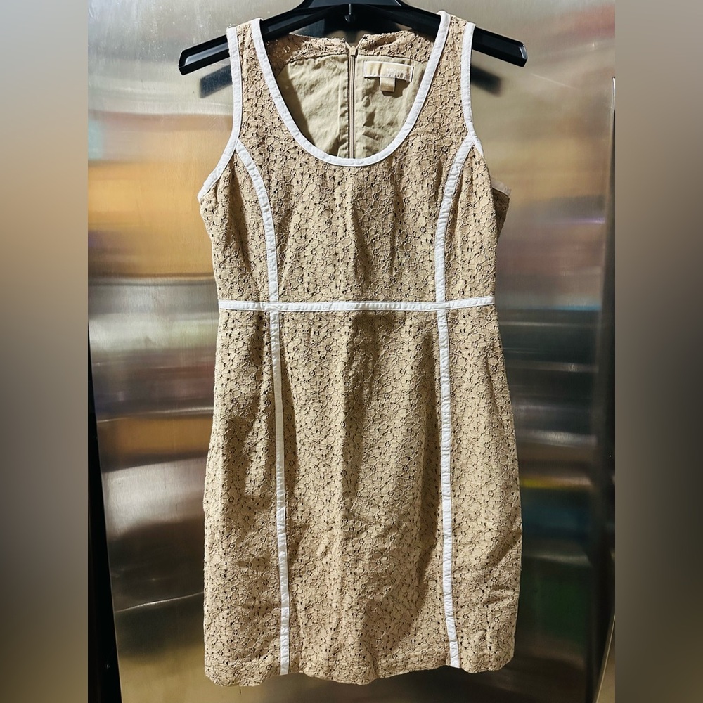 Michael Kors Tan Lace Midi Dress with White Accents